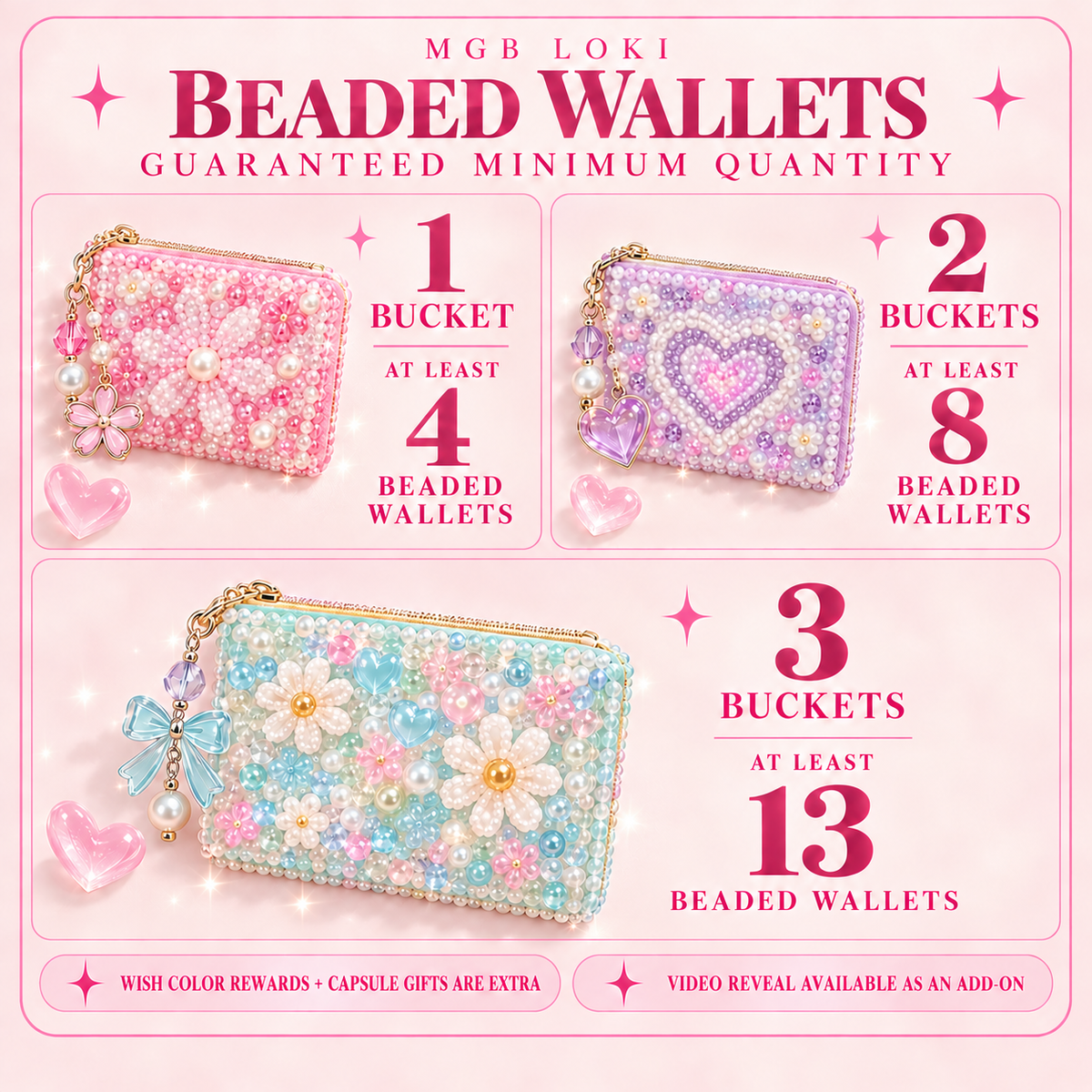 MGB Loki Beaded Wallets guaranteed minimum quantity guide for 1 to 3 buckets