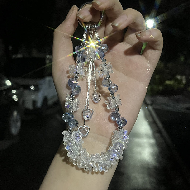 Blue crystal beaded phone chain with heart charms